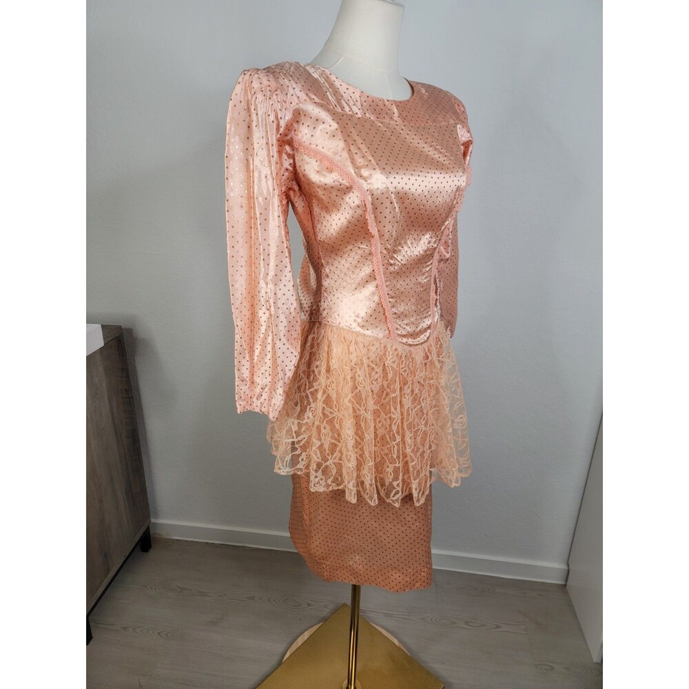 Vintage Homemade Homecoming Mid 80s Party Dress Peach Lace Sheath Peplum S - Picture 7 of 17
